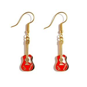 Elvis Presley Red Guitar Dangling Earrings Gold-Tone By Pinnacle Designs